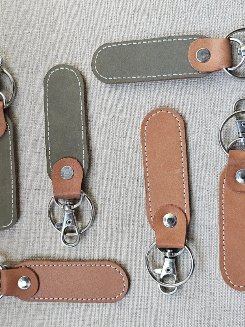 Lot of 6 Keychains Double Sided Genuine Leather Handmade Keys Holder Brown/Olive
